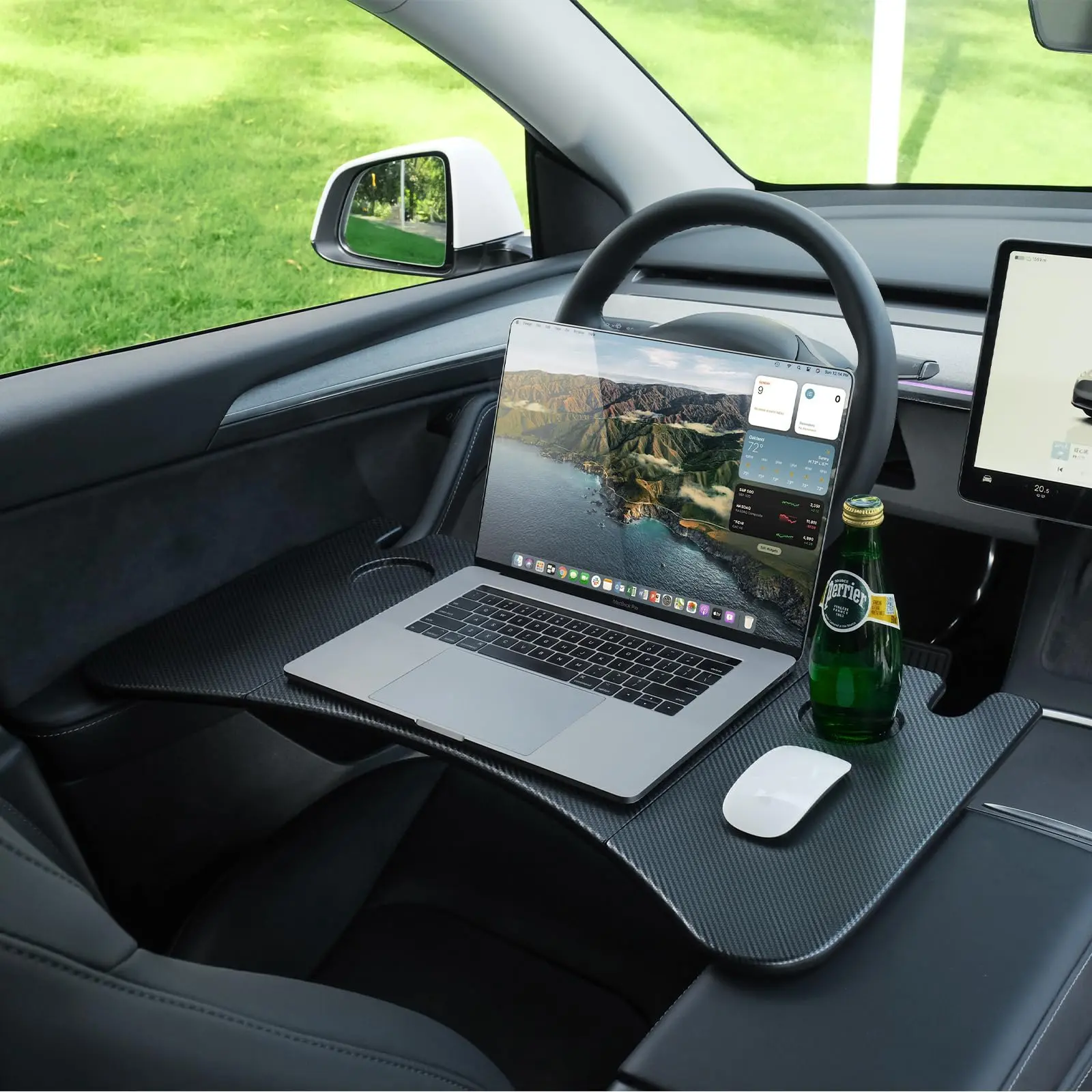 YONZEE Foldable Desk Food Tray (Carbon Edition) for Tesla Model Y Model 3 S X- Upgraded Table with Support Leg for Dining, in-Car Work, Travel and Outdoor (1 Pack), Car Backseat Organizer, Car Food Tray, Modern