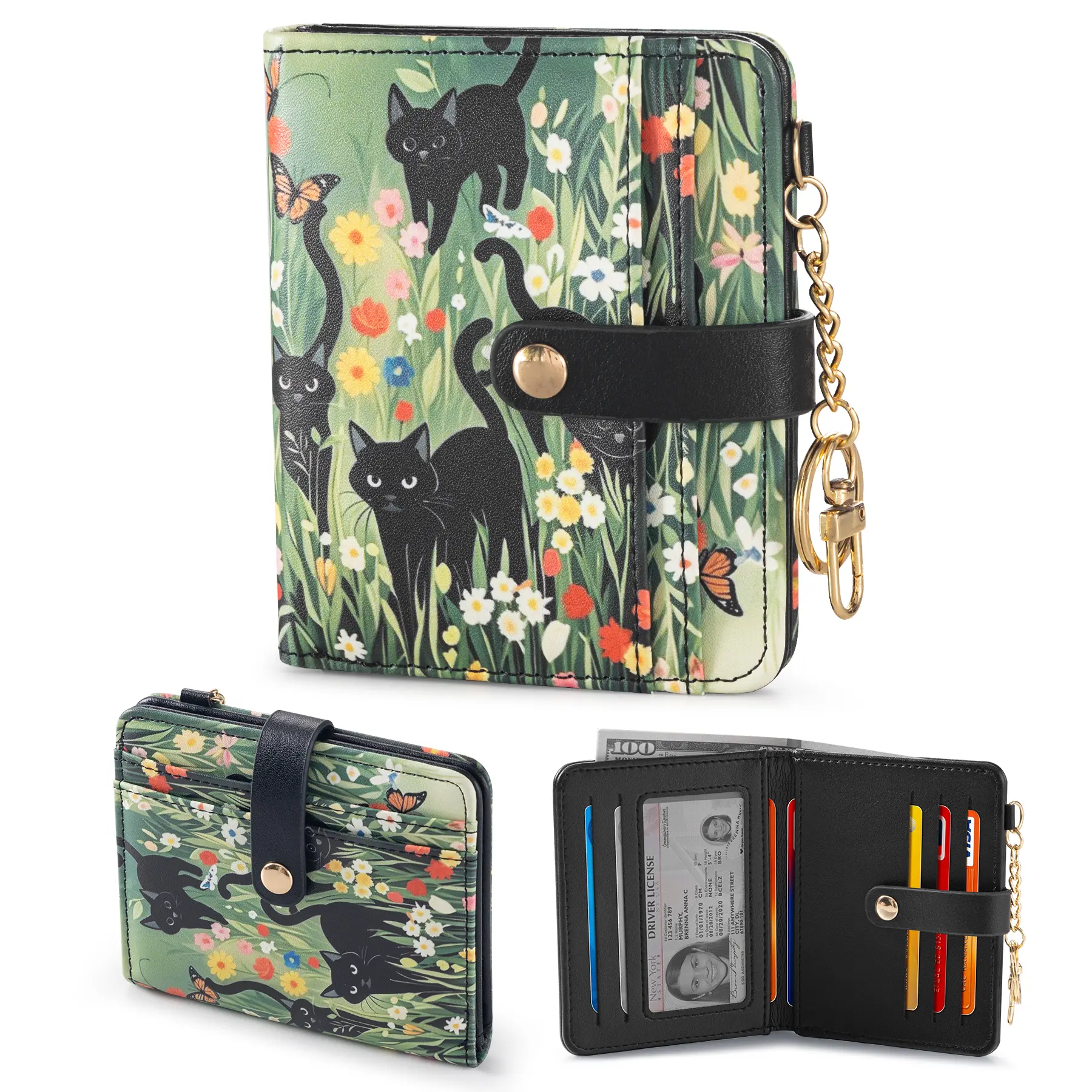 Women's Cat Leather Wallet, RFID Blocking Slim Bifold Wallet with Coin Pocket, 13 Card Slots, Cute Black Cat Card Holder Purse, Compact Small Wallet Gift for Women,back to school,back to school haul