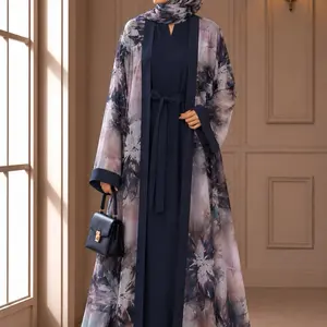 Women's 4-Piece Chic Floral Printed Abaya Set - Traditional Dubai Muslim Modesty Fashion Wear, Plain Inner, Scarf, Belt, Full High-Coverage, Default Medium/54 Size