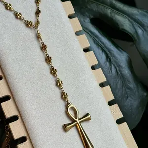 Ankh Rosary Necklace 23" Stainless Steel Tarnish Free Adjustable with Elegant Ankh Pendant for Stylish Wear