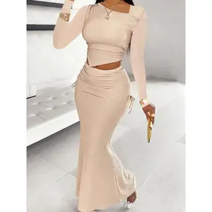 Women's Solid Color Asymmetrical Neck Top & Ruched Drawstring Skirt Two-piece Set, Elegant Fashion Casual Top & Skirt for Daily Outdoor Wear, Women's Clothing for Spring & Fall