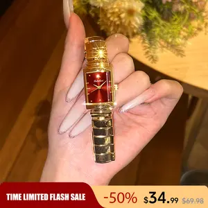 Women's Luxury Gold Watch Red Dial Square Quartz Wristwatch Elegant Business Dress Watch For Ladies Waterproof Stainless Steel Band Perfect Gift For Her