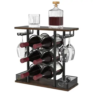 VyGrow Countertop Wine Rack, 3 Tier Wood & Metal Compact Wine Rack Holds 6 Bottles + 4 Glasses, Space-Saving Wine Bottle Holder for Home Bar, Kitchen Cabinet or Tabletop, 6.29"D x 16.14"W x 15.82"H