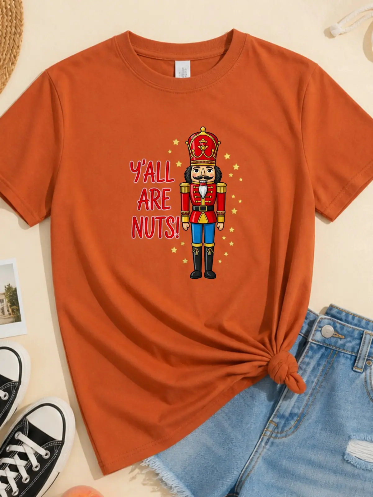 Fun Retro Nutcracker Y'all Are Nuts Slogan Graphic Women Premium Graphic Tee,100% Cotton Relaxed Fit Crew Neck Short Sleeve Printed T‑Shirt for Street Casual Office Daily Outfits