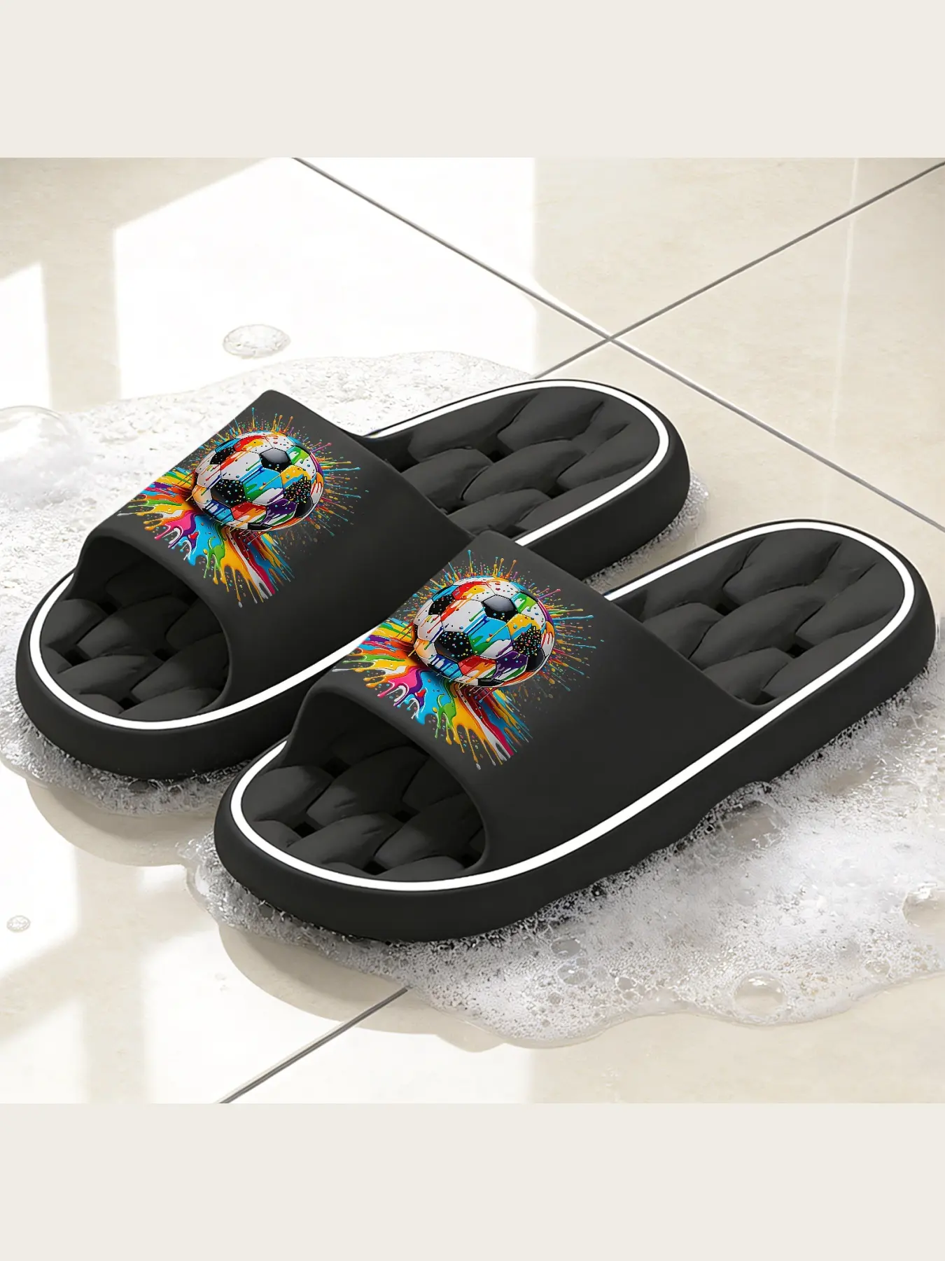 Colorful Dripping Paint Soccer Ball Printed Slippers, Stylish Graffiti Art Football Pattern Non-slip House Slippers, Casual Soft Comfortable Slip-on Shoes, Bold Vibrant Splash Design Indoor Outdoor Footwear for Sports Lovers