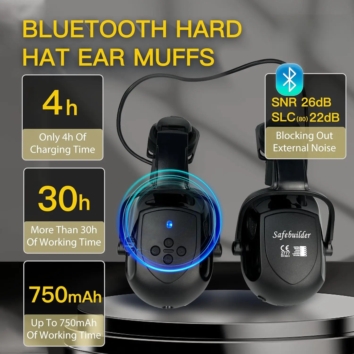 Vented Hard Hat with Visor and Bluetooth Ear Muffs, SNR 26dB Hearing Protection, Adjustable Suspension, Construction Safety Head Gear Vented Hard Hat with Visor and Bluetooth Ear Muffs, SNR 26dB Hearing Protection, Adjustable Suspension, Construction Safety Head Gear