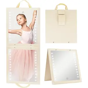 Lighted  Mirror for Dance Backstage - Rechargeable Folding LED Full Length Mirror with Lights for Dancers, Portable Foldable Travel  Mirrors, Brightness Adjustable, Beige