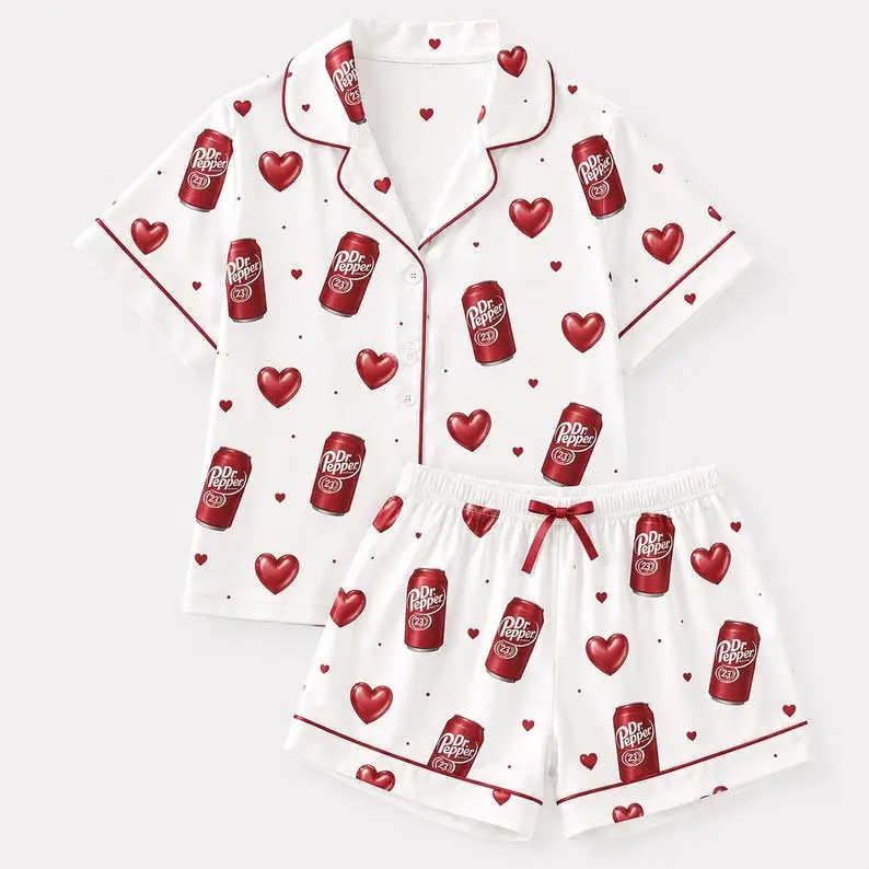 Soda Print Satin Pajama Set, Women's Bow Pattern Silk Sleepwear, 2-Piece Cozy Loungewear, Soft All-Season Nightwear, Cute Gift for Her