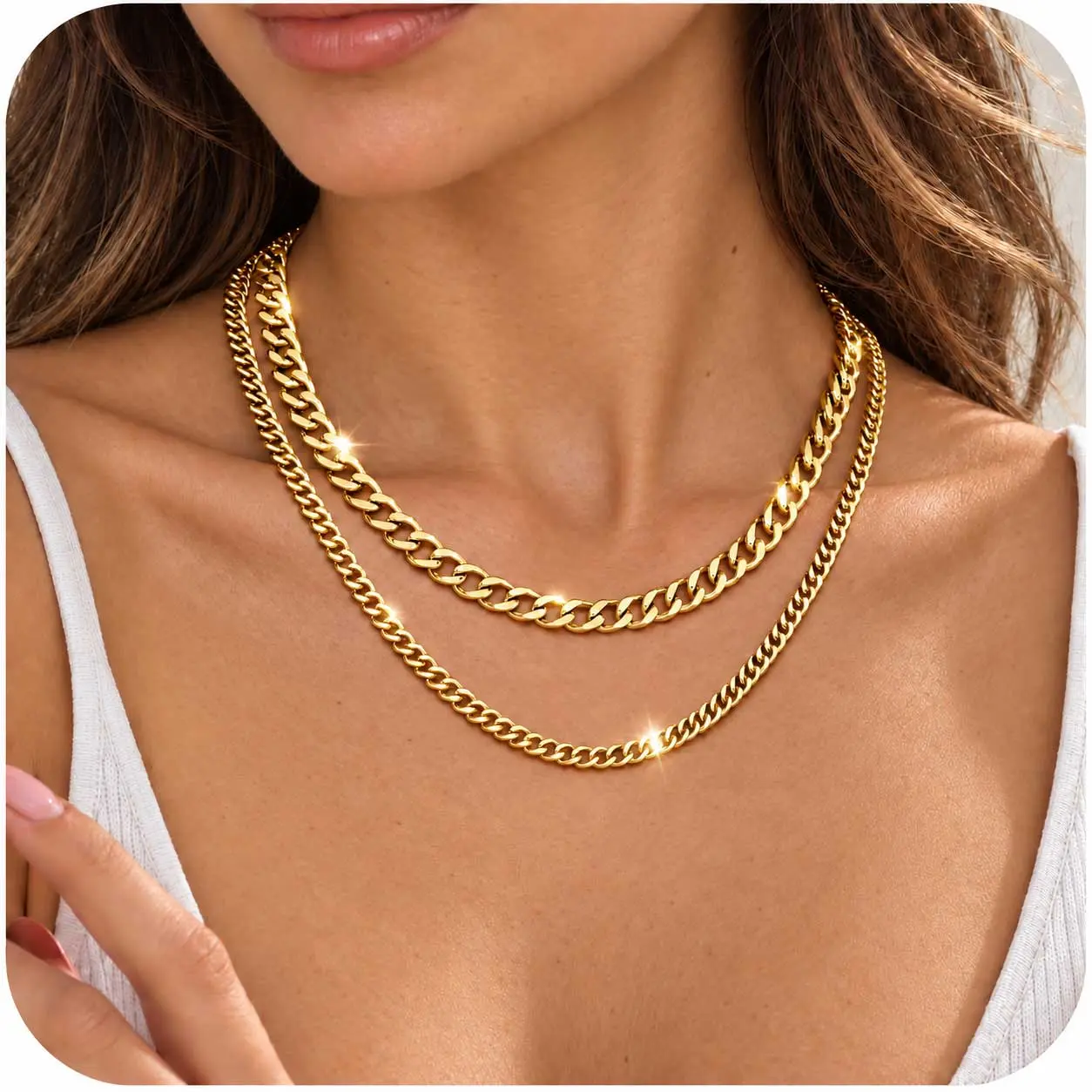 Women’s Gold Necklace, 2-Piece Layered Cuban Link Chain Necklace Set, Chunky Stainless Steel Choker Necklace, Double Layer Stackable Statement Chain, Trendy Fashion Jewelry, Everyday Gift for Women