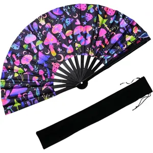 13'' UV Glow Large Rave Fan for Men Women, Rave Essentials, Decorative Folding Hand Fan for Party,  Decoration, ,  Festival Essential, EDM Rave Accessories (Mushroom)