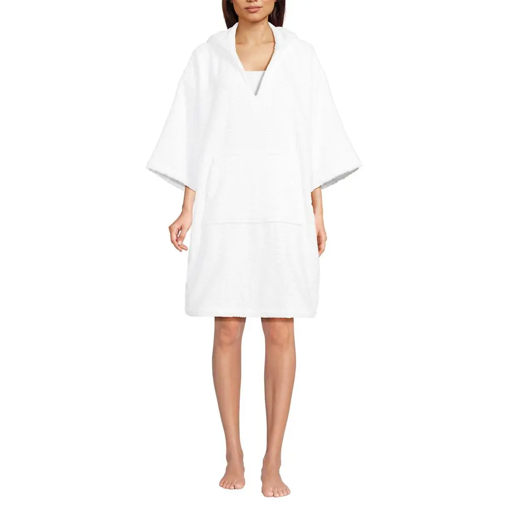 Lands' End Women's Terry 3/4 Sleeve Pullover Hooded Spa Robe - X Large - White, Plush, Kangaroo