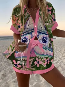 Women'S Tropical Print Short Sleeve Shirt & Shorts Set - Vibrant Floral Design, Lightweight Polyester, Casual Vacation Style, Button-Up Top with Front Pocket, Elastic Waistband Shorts, Perfect for Beach or Summer Outings, Womenswear