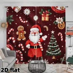 2D Flat 2Pcs Christmas Santa Claus Curtains with Candy Cane Gingerbread Man Pattern Semi Sunshade Window Drapes for Living Room Bedroom Kitchen Dining Room Holiday Decoration Privacy Protection