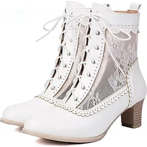 EROCALL Women's Uniquelly Women's Vintage Victorian Boots Kitten Heel Lace Up Ankle Boots 70s Witch Granny Booties Side Zipper Round Toe Victorian Shoes Black White