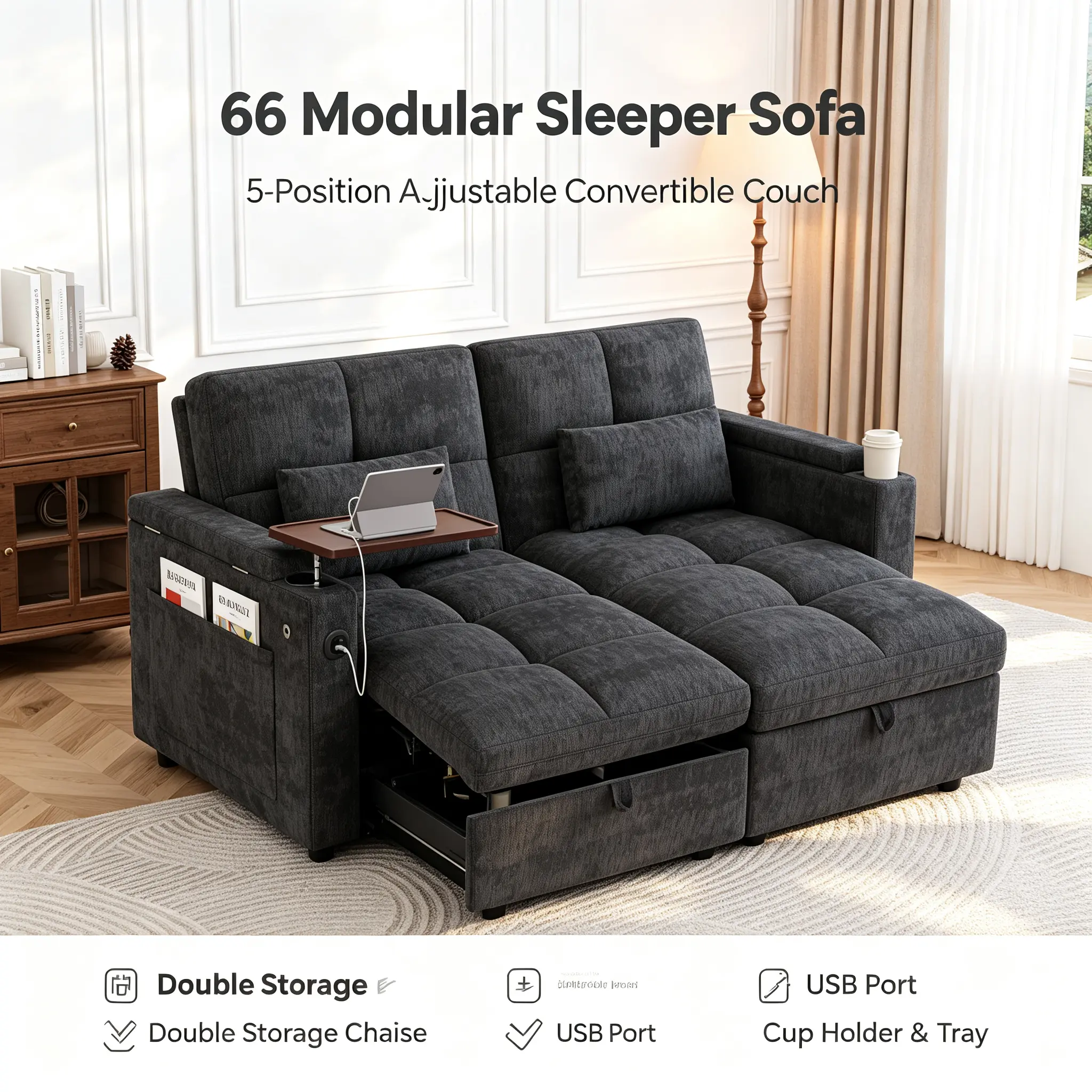 66" Chenille Foam Modular Sleeper Sofa Bed Set - 5-Position Adjustable Backrest Convertible Futon with Double Storage Chaise, USB Port, Foldable Tray, Cup Holder for Home Apartment Living Room Modern Sofa Set