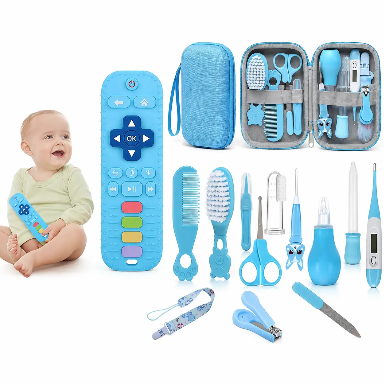 Baby Healthcare & Grooming Kit with Silicone TV Remote Teether, Newborn Essentials Nursery Care Set, Hair Brush, Comb, Nail Clipper, Thermometer, Pacifier Clip, Teething Relief Toy for 3-18 Months, Halloween & Christmas Gifts for Baby Boys & Girls