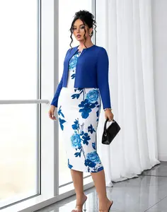 Women's Plus Size 2-Piece Solid & Floral Midi Dress Set - Sleeveless Floral Dress with Long Sleeve Cropped Cardigan, Versatile Outfit for Daily Wear & Office Layering