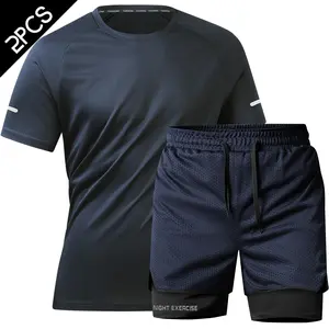 Men’s casual athletic short-sleeve set with a faux two-piece shorts design, perfect for summer gym workouts.