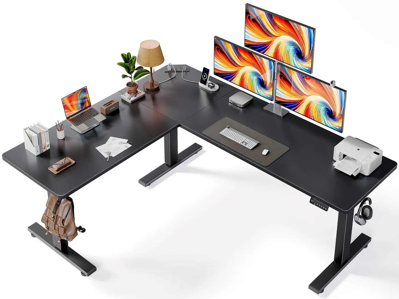 Modern L-Shaped Height Adjustable Corner Computer Desk - 63x55in Automatic Office Furniture with Adjustable Mount, Charging Station, Memory Controller, Splice Board for Home Office Dual Monitor/Gaming/Studio Setup