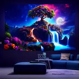 1 piece of big tree waterfall moon fluorescent wall tapestry, large size fluorescent hanging cloth, home decoration, for living room and dormitory, installation-free