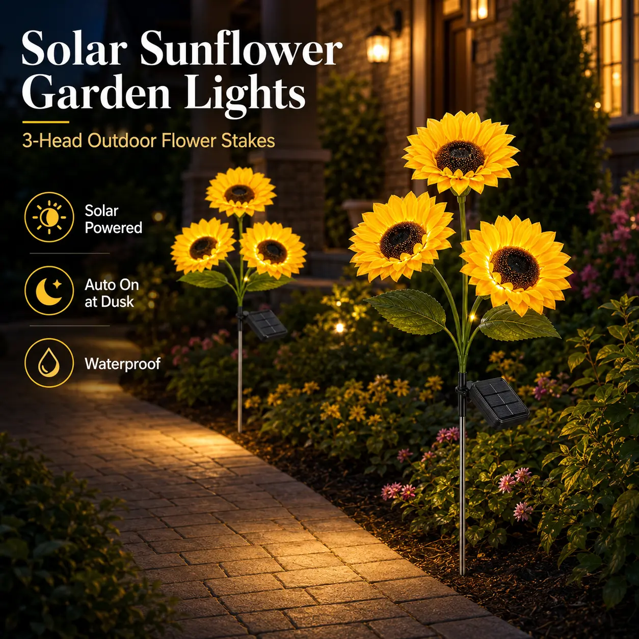 3-Head Solar Powered Sunflower Garden Lights, LED Flower Stake Lights, IP65 Waterproof Portable Solar Decorative Lamps, Outdoor Mount Decorative Lamps for Outdoor Pathway Patio Landscape Lighting
