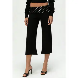 y2k Capri Pants Women Solid Color/Striped Fold Over Waist Low Rise Wide Leg Crop Pants Streetwear