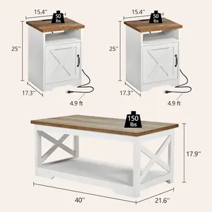 3-Piece Farmhouse Living Room Table Sets, Includes 1 x Coffee Table, 2 x End Tables with Charging Station & USB Ports, Rustic Coffee Table Set of 3, Distressed White