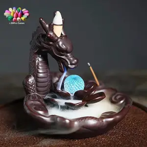 Dragon Design Incense Burner, Ceramic Backflow Incense Burner with 20pcs Incense Cones, Home Fragrance Holder Aromatherapy Scent Diffuser for Office Tea House Decor, Scented