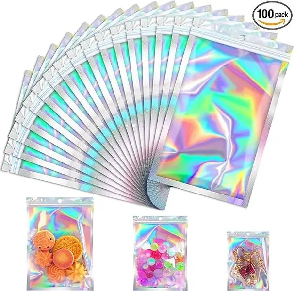 JETMORE 100 Pcs Holographic Mylar Bags, Smell Proof & Resealable Bag for Small Business, Foil Freshie Bags for Treat,Jewelry, Candy, Keychain, Package, Christmas Gift Bags, Goodie Baggies (3x5in)