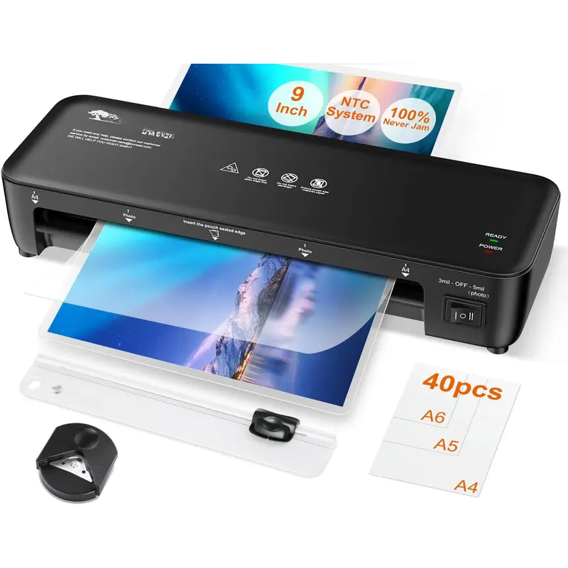 Laminator, 9 Inch 4 in-1 Thermal Laminator Machine Never Jam Technology with 40 Laminting Sheets, Paper , Corner Rounder for  Office School Business