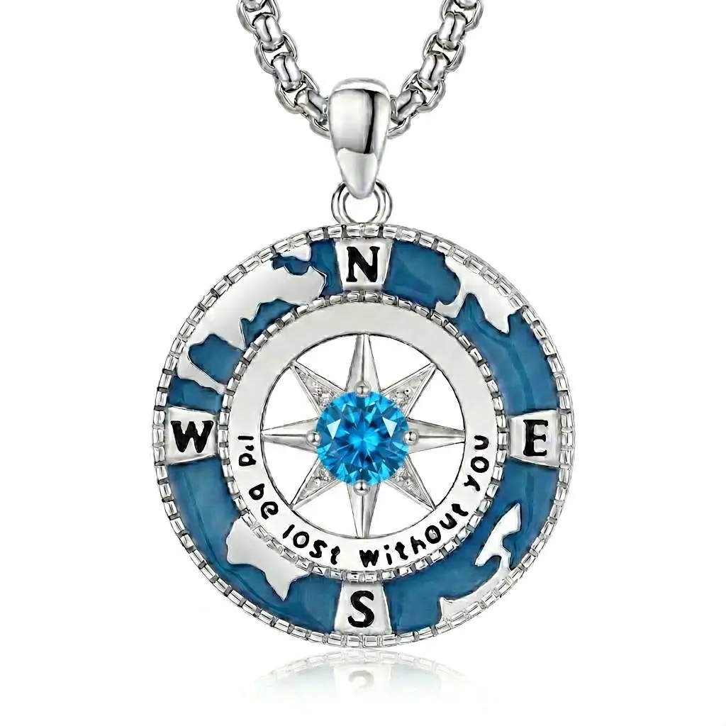 Drinsper Vintage World Map Compass Necklace for Women and Men, Elegant Silver Plated Brass Pendant with Synthetic Cubic Zirconia, Adjustable Durable Stainless Steel Box Chain & Heartwarming Sentiment, Ready For Gifting, Graduation, Anti-Tarnish, Enamel I
