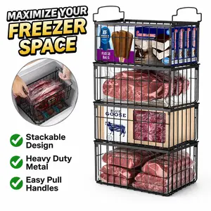 StowCraft Upgraded Freezer Organizer Bins 4 Pack MAX Capacity Stackable Baskets for 5/7 Cu.FT Deep Freezers Sturdy Rust-Proof Metal Large Size 15.1"x8"x7" Airflow-Friendly Cooling  laundry basket house organizers baskets Foldable