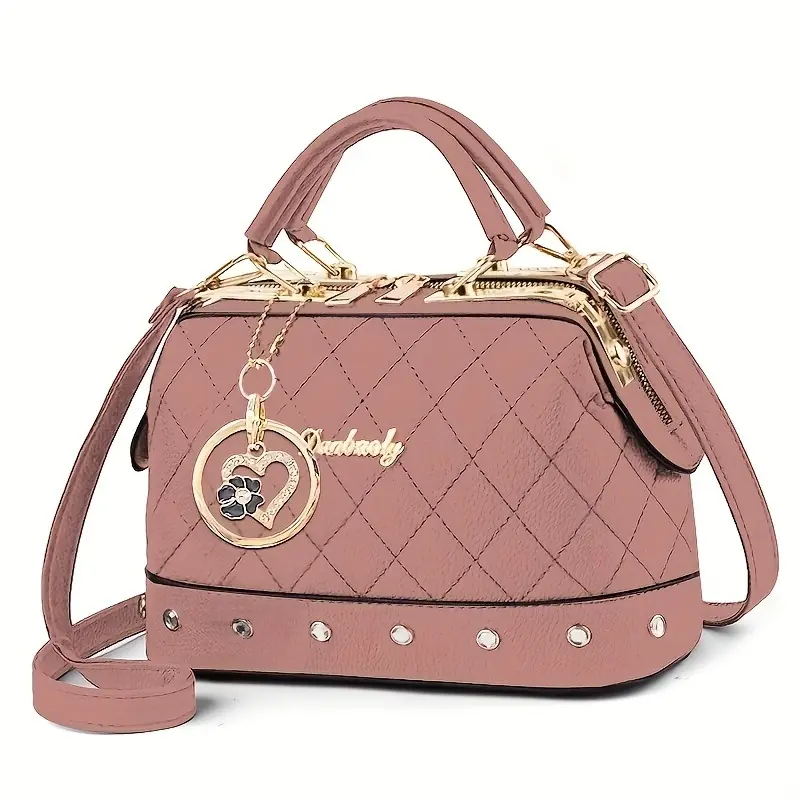 Quilted Boston Bag for Women, Designer Inspired Diamond Lattice Top Handle Satchel Purse, Cute Heart Charm Crossbody Handbag with Adjustable Shoulder Strap