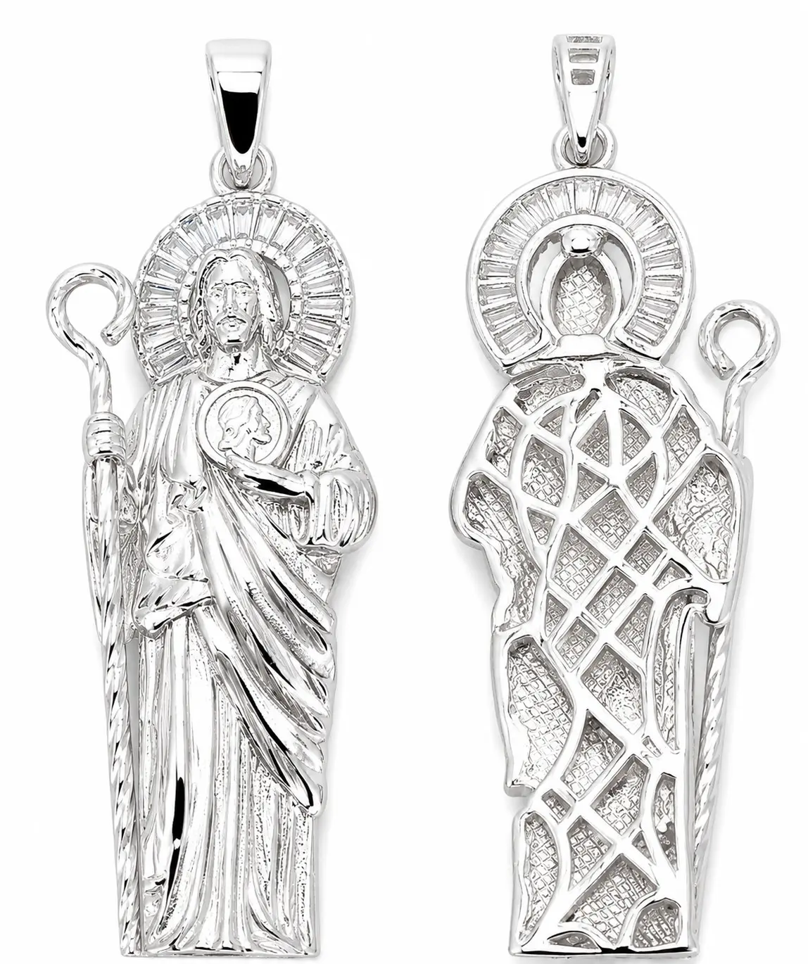 MST 925 Sterling Silver 3D San Judas (Saint Jude) Pendant Necklace - Baguette Cubic Zirconia, Rhodium-Plated, Italian-Made, 76 mm, Approx. 17g, Unisex Birthday Jewelry Accessory, 3D Pendant, All Ages, Adults