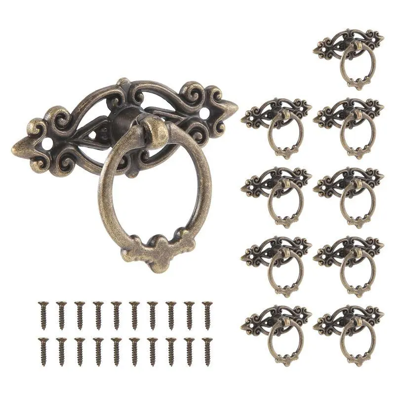 10Pcs Classic Brass Finish Door Handle - Ornamental Vintage Knobs for Kitchen Cabinets, Cupboards, Dressers, Drawers with Aesthetic Appeal