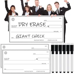 2 Pcs Giant Dry Erase Big Check for Presentations with 6 Pcs Erasable Pens Oversized Award for Endowment Donations Fundraiser(48" x 24")