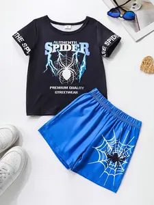 Ready Stock 4-8T Boys Spider Letter Print Summer T-Shirt and Shorts Outfit Set Toddler to Big Kid 0B042