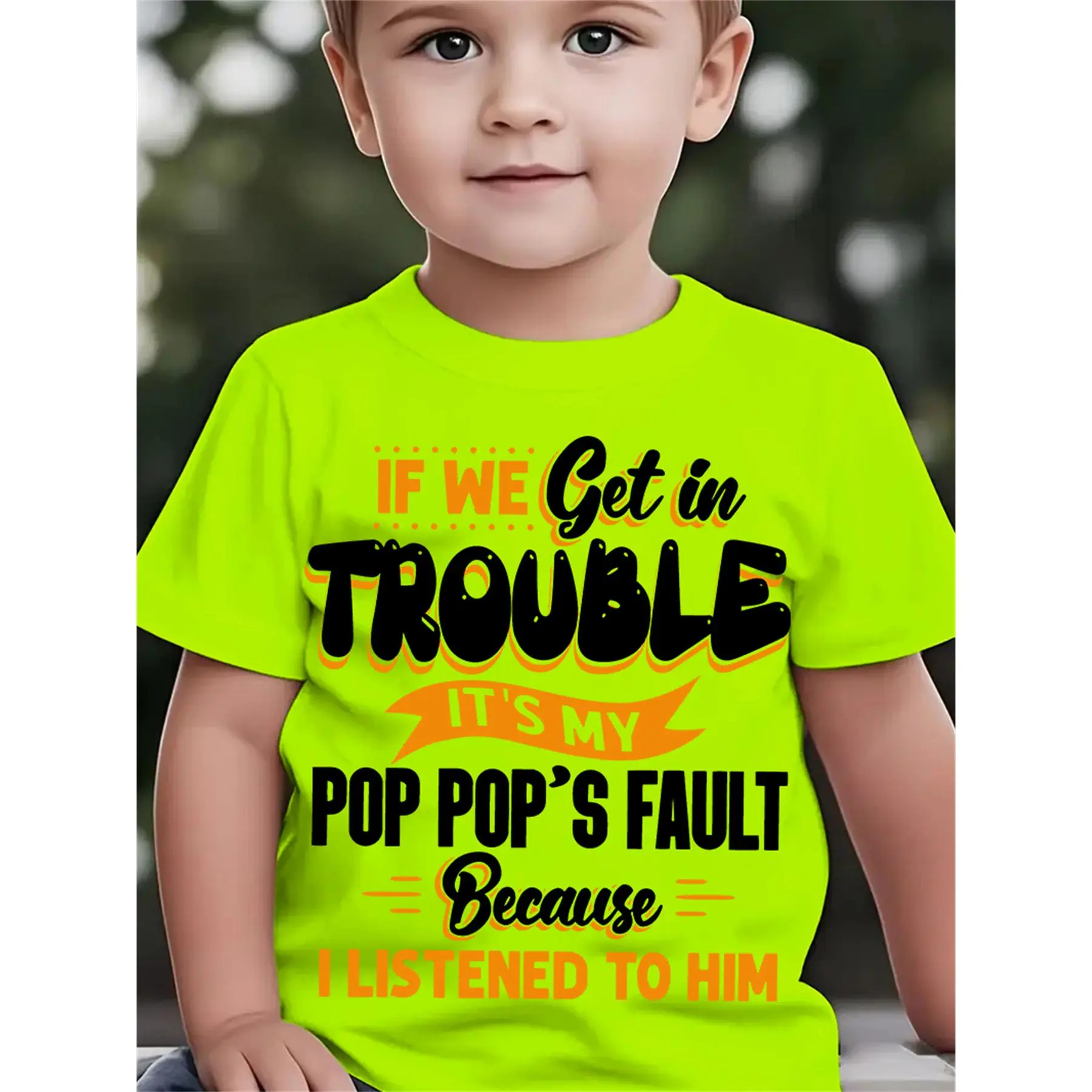 Boys' Short Sleeve T-Shirt with Funny 'It's My Pop Pop's Fault' Print, Casual Crew Neck Summer Top in Soft Polyester Knit, Short Sleeve Tops, Funny Print