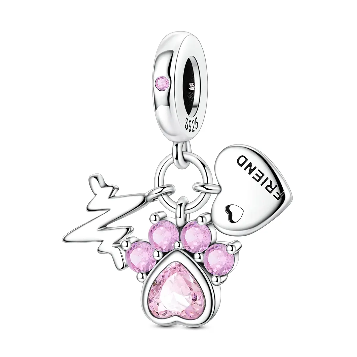 MULA Silver-Plated Paw Print Pendant - Cat Paw Design, Pink Zirconia, Heart Accent, 'Friends' Label, Universal Core Bracelet Charm, Women's Casual Gift for Anniversary, Birthday