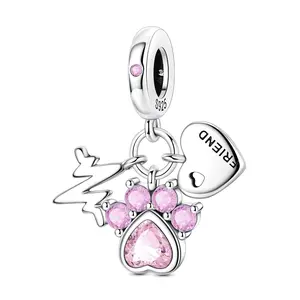 MULA 925 Silver-plated Cat's Paw Pendant with Pink Zirconia, Heart and 'Friends' Label - Symbolizes Love, Friendship and Companionship, Fits Pandora Bracelet - Gift for Women and Girls