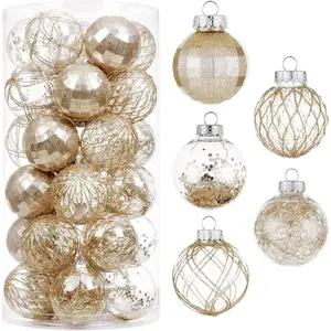 30ct Christmas Ball Ornaments 60mm/2.36" Shatterproof Clear Plastic Xmas Balls Baubles Set with Delicate Sparkling Stuffed Hanging Christmas Tree Decorations(Champagne Gold)