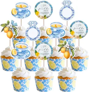 LaVenty 24 Pcs Blue White Tiles Lemon Cupcake Topper Lemon Birthday Cake Topper She Found her Main Squeeze for Bridal Engagament Party Baby Shower Birthday Party Supplies