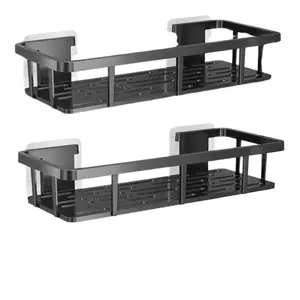 2-Pack Black Heavy Duty Plastic Wall Mounted Shelf with Hooks No Drill Space Saving Bathroom Kitchen Shower Organizer for Toiletries Cosmetics Essentials