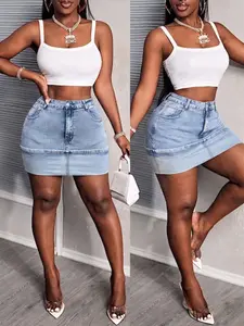 Plus Size Women's Denim Skirt, American Vintage High Waist Rolled Hem, New Washed Slim Fit, Versatile Hot Girl Skirt, Anti-Exposure Half Skirt, Womenswear