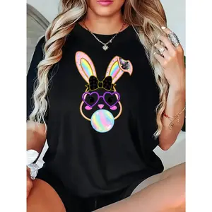Black T Shirt With Bunny Rabbit Rainbow Ears And Heart Sunglasses Print