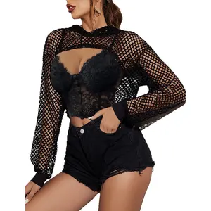 Mesh Crop Top Hoodie Rave Tops For Women Long Sleeve Fishnet Shirt for Festival Club Party