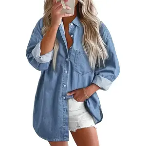 Women's Denim Shirt Button-Down Blouse V-Neck Casual Tops