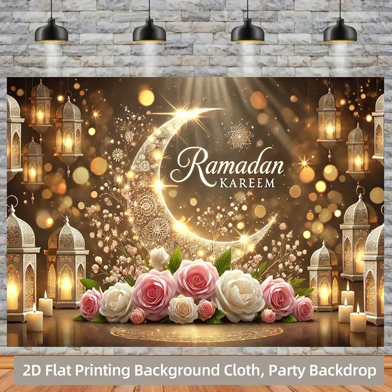1PC 2D Flat Ramadan Kareem Backdrop Banner - Golden Moon Rose Lantern Design Reusable Polyester Cloth, Eid Mubarak Party Decoration, Islamic Cultural Event Photography Wall Banner, Banners