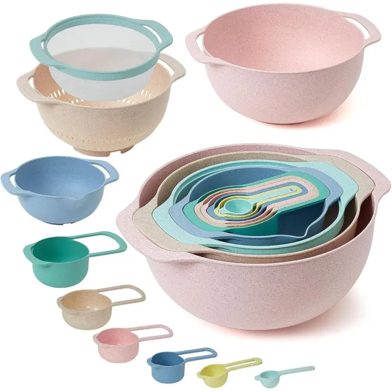 Plastic Mixing Bowls, Multicolored, Set of 10, Rv Camping Accessories | Nest for Easy Storage, Inculding Measuring Cups, Colander, Sifter, Large Bowl, Great for Cooking and Baking, No BPA