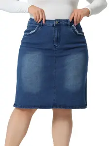 Agnes Orinda Plus Size Classic Stretch Elastic Waist Side Split A Line Jean Skirt Blue